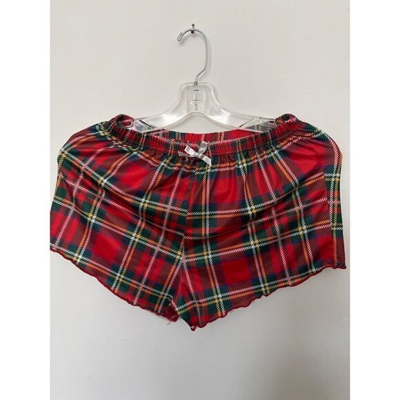 Unbranded red green plaid bow tie front elastic waist sleepwear short shorts Med - Picture 1 of 10
